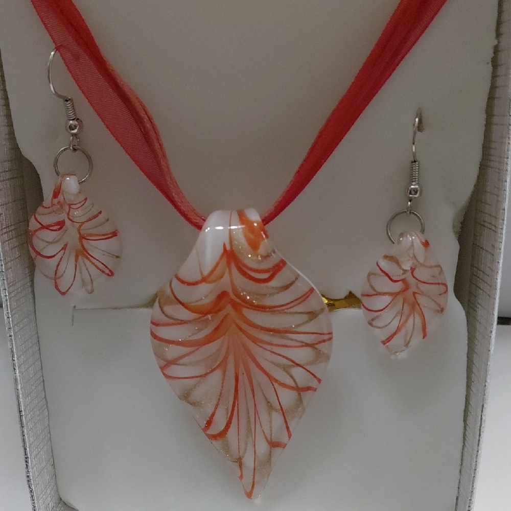 Handmade Orange Swirl Glass Pendant Necklace and Earring Set